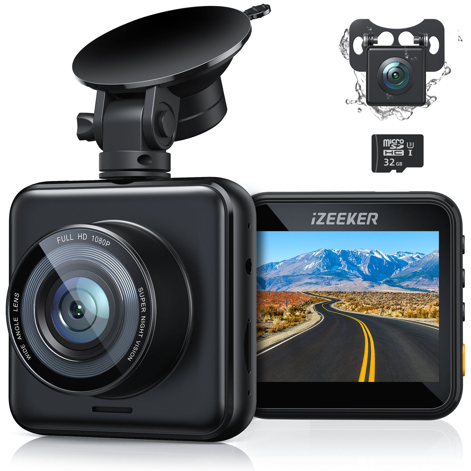 iZEEKER Dash Cam Front and Rear with SD Card 1080p Full HD Car Camera, Dual Dash Camera for Cars with Accident Recording, Parking Monitor, Night